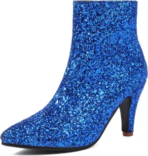 Elbslutt Women's Glitter Sparkly Booties Pointed Toe Kitten Heel Ankle Boots Side Zipper Low Mid Heeled Short Sequin Boots
