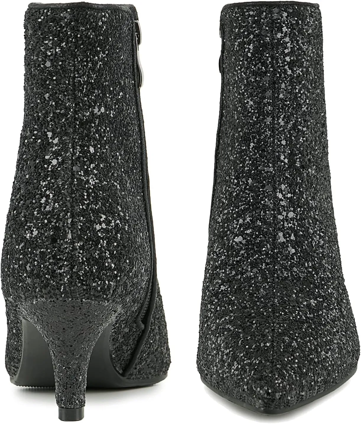 Elbslutt Women's Glitter Sparkly Booties Pointed Toe Kitten Heel Ankle Boots Side Zipper Low Mid Heeled Short Sequin Boots