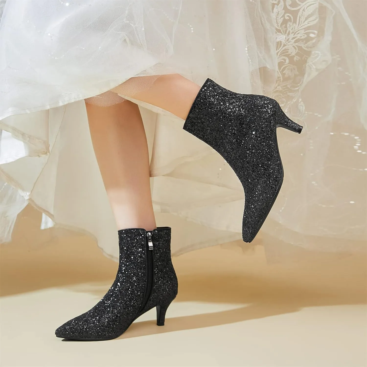 Elbslutt Women's Glitter Sparkly Booties Pointed Toe Kitten Heel Ankle Boots Side Zipper Low Mid Heeled Short Sequin Boots