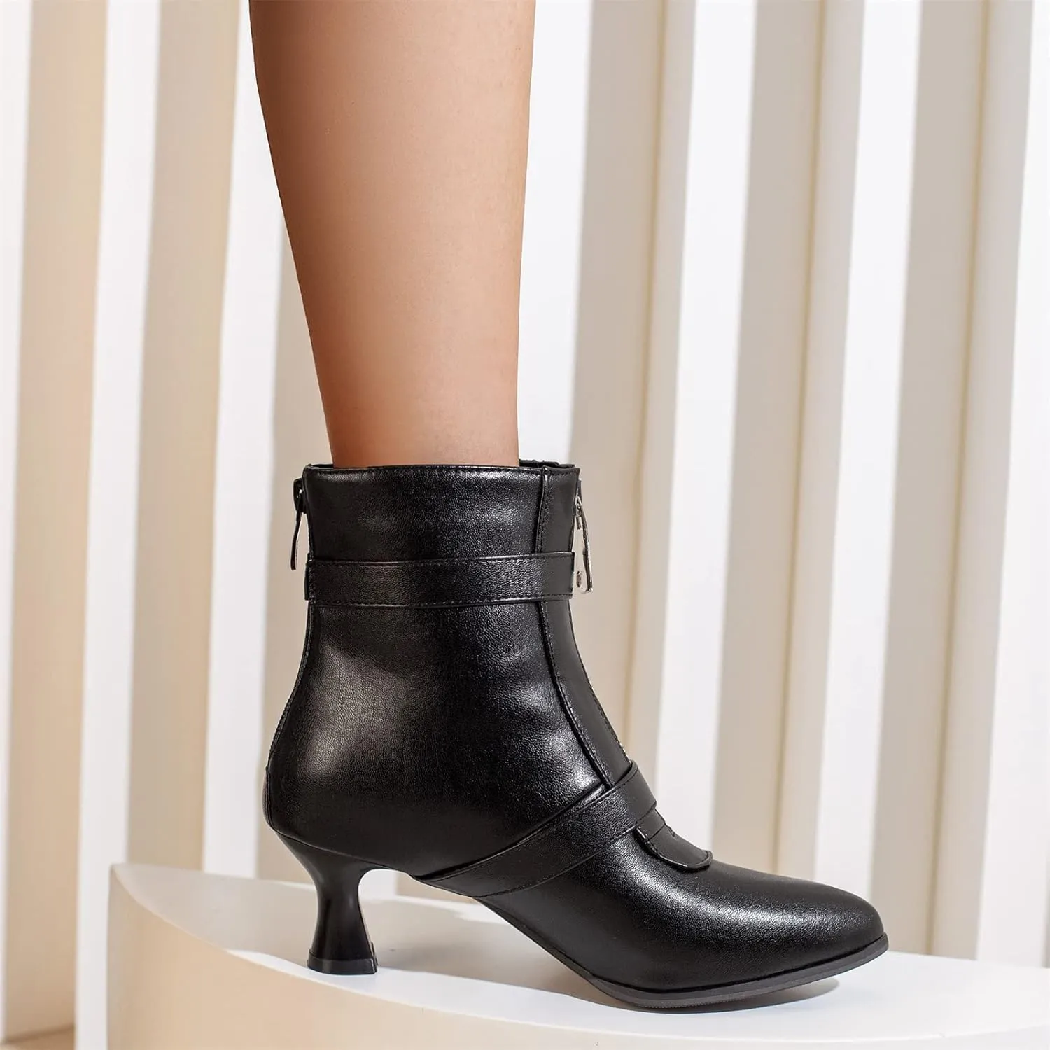 Elbslutt Women's Low Kitten Heel Booties Pointed Toe Ankle Boots Zip Buckles Strap Short Boots Dress Shoes