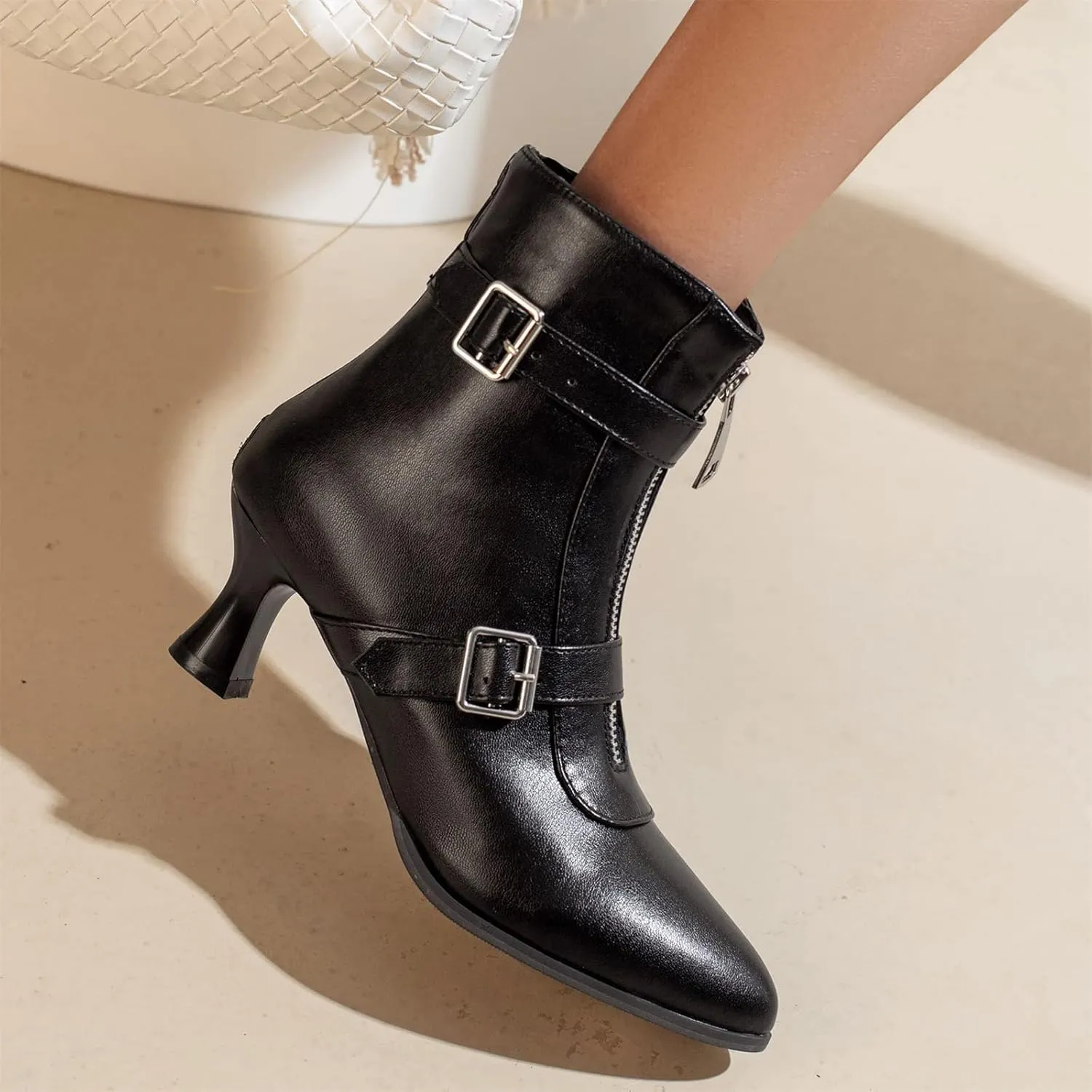 Elbslutt Women's Low Kitten Heel Booties Pointed Toe Ankle Boots Zip Buckles Strap Short Boots Dress Shoes