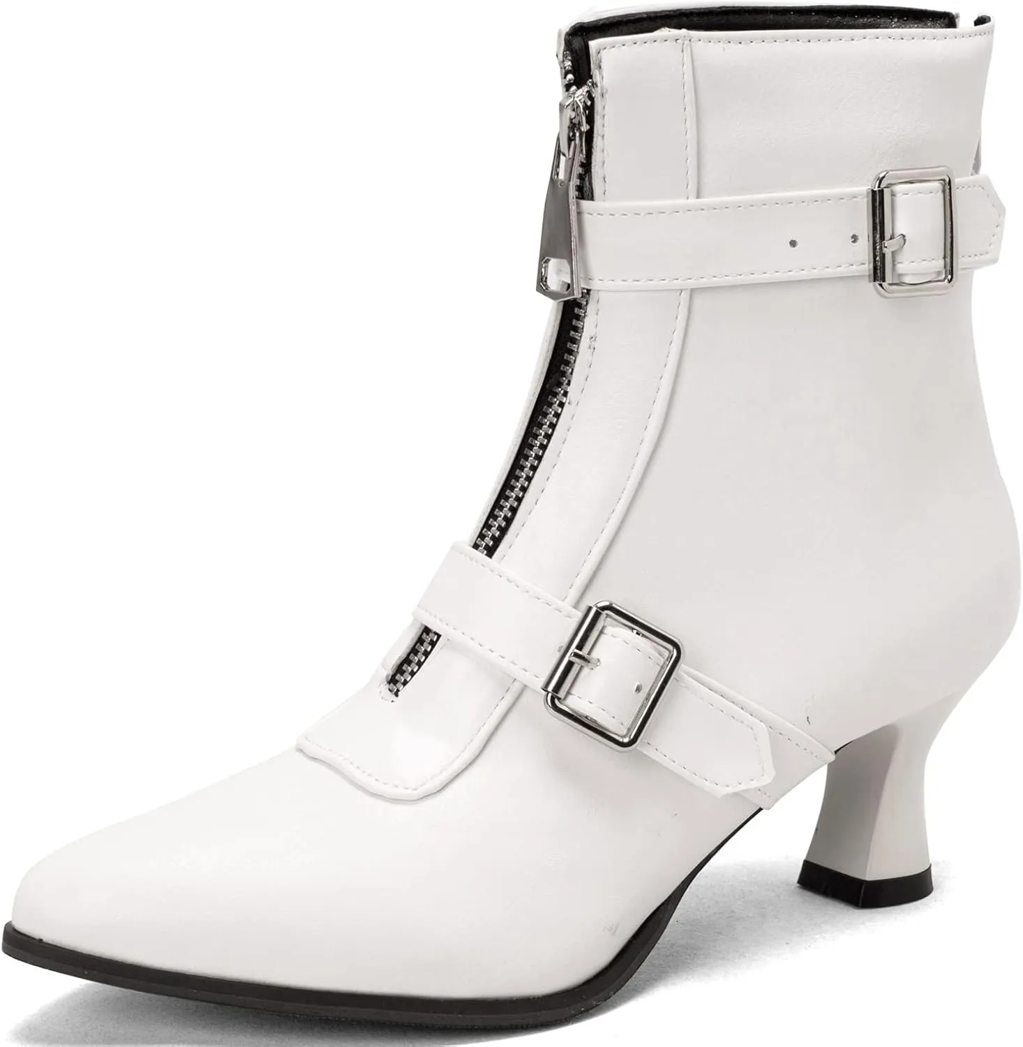 Elbslutt Women's Low Kitten Heel Booties Pointed Toe Ankle Boots Zip Buckles Strap Short Boots Dress Shoes