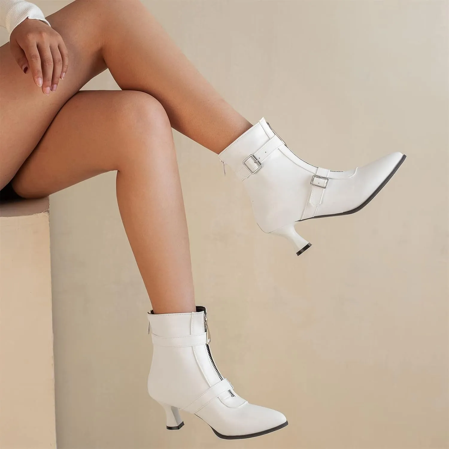 Elbslutt Women's Low Kitten Heel Booties Pointed Toe Ankle Boots Zip Buckles Strap Short Boots Dress Shoes