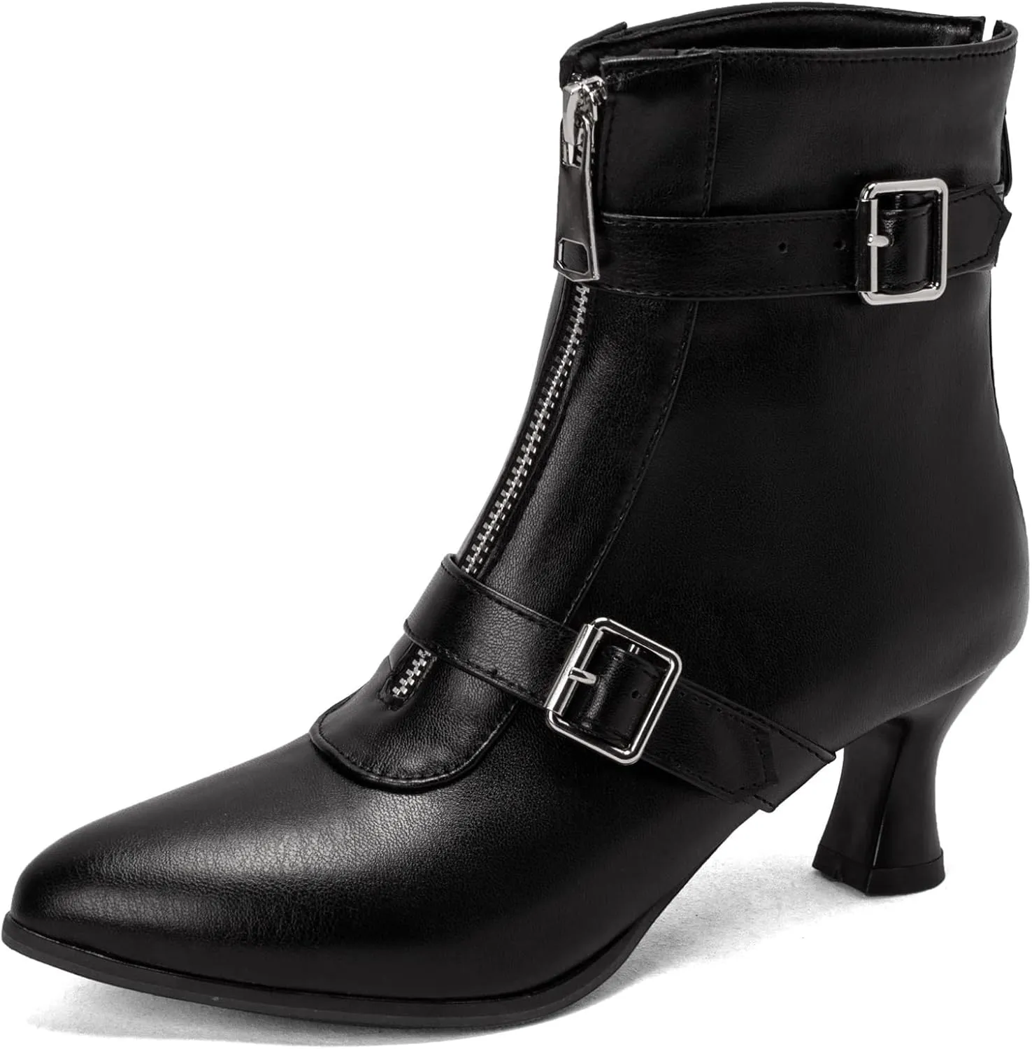 Elbslutt Women's Low Kitten Heel Booties Pointed Toe Ankle Boots Zip Buckles Strap Short Boots Dress Shoes