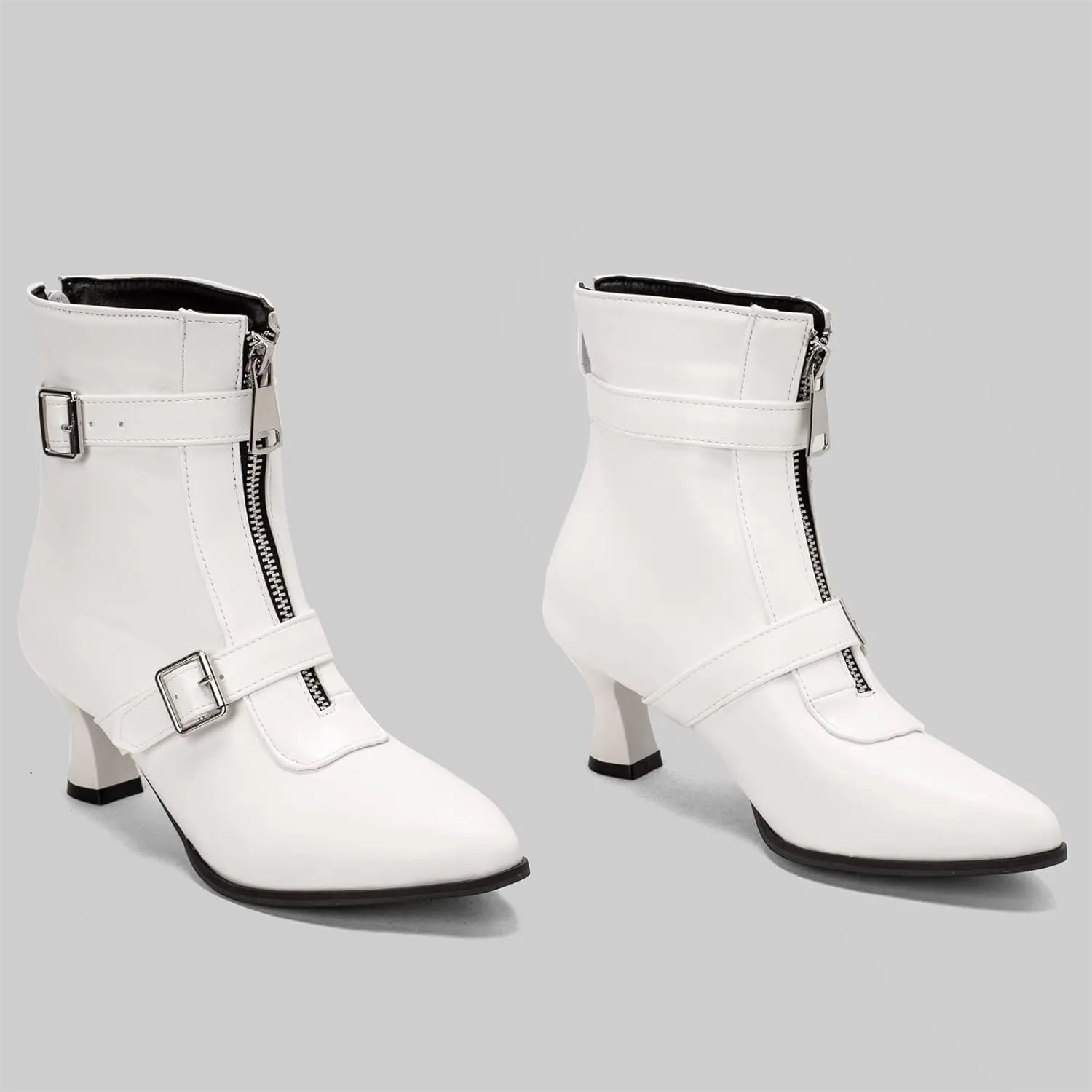 Elbslutt Women's Low Kitten Heel Booties Pointed Toe Ankle Boots Zip Buckles Strap Short Boots Dress Shoes