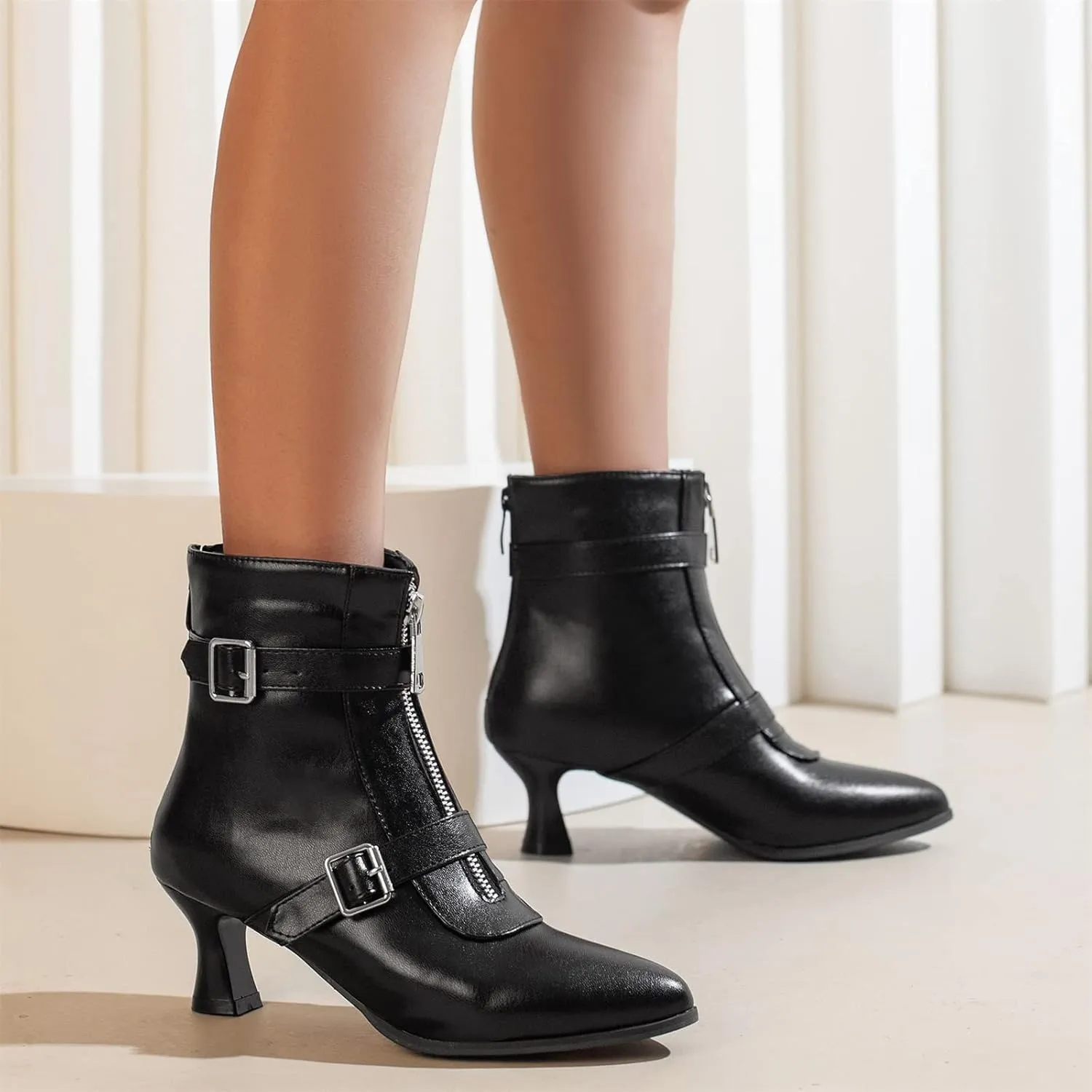 Elbslutt Women's Low Kitten Heel Booties Pointed Toe Ankle Boots Zip Buckles Strap Short Boots Dress Shoes