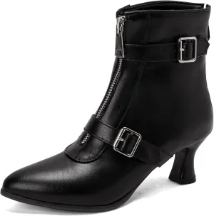 Elbslutt Women's Low Kitten Heel Booties Pointed Toe Ankle Boots Zip Buckles Strap Short Boots Dress Shoes