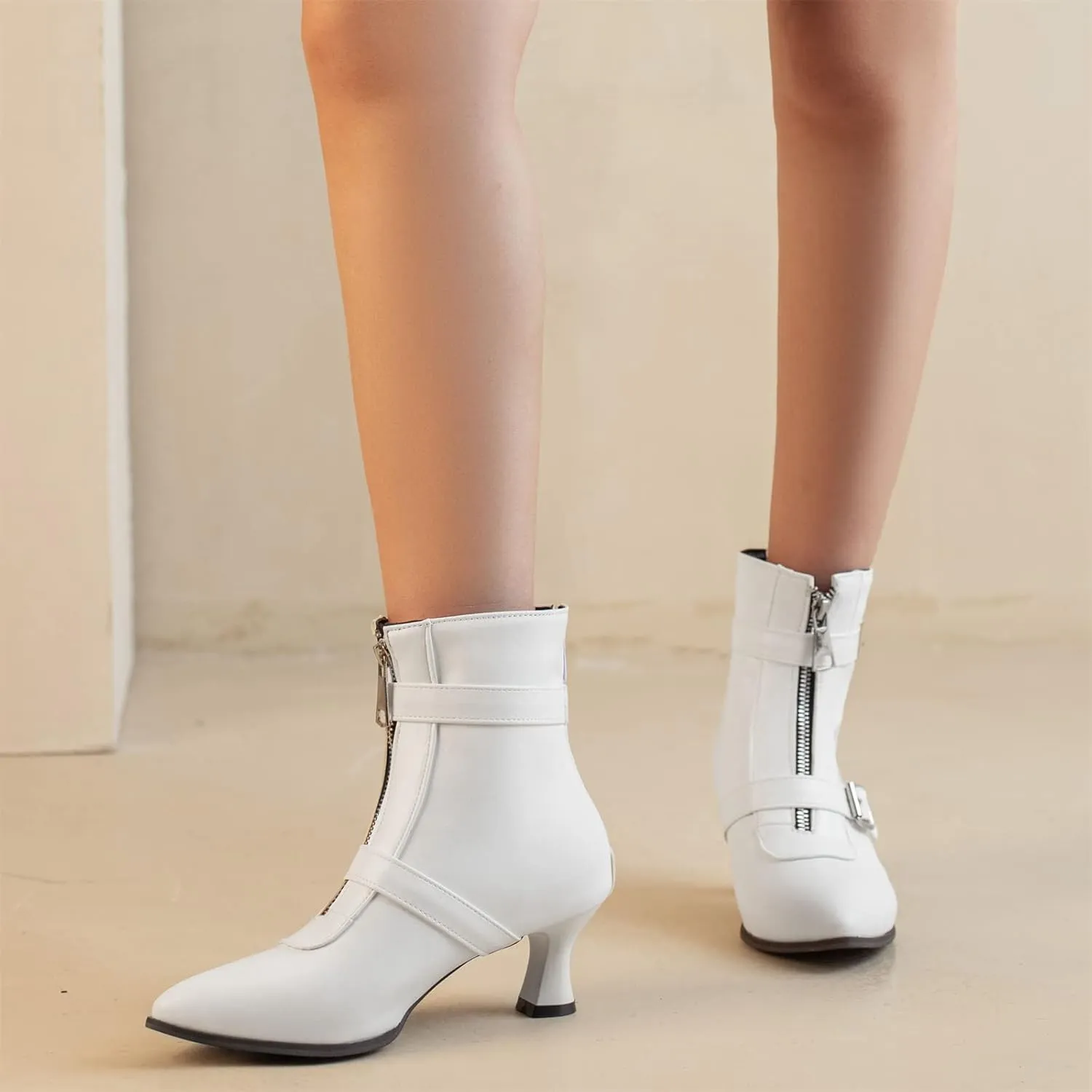 Elbslutt Women's Low Kitten Heel Booties Pointed Toe Ankle Boots Zip Buckles Strap Short Boots Dress Shoes