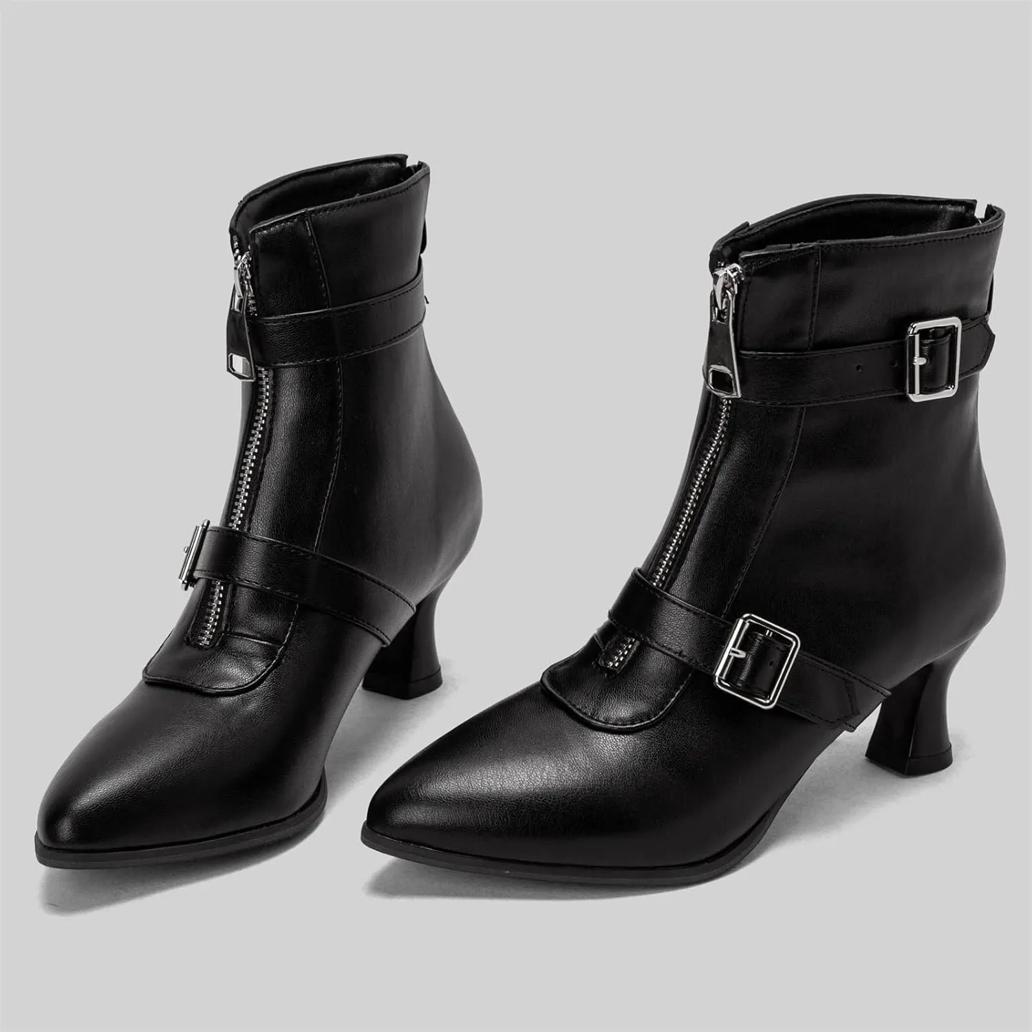 Elbslutt Women's Low Kitten Heel Booties Pointed Toe Ankle Boots Zip Buckles Strap Short Boots Dress Shoes
