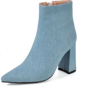 Elbslutt Women's White Pointed Toe Booties Chunky Block Heel Ankle Boots Side Zipper Short Boots