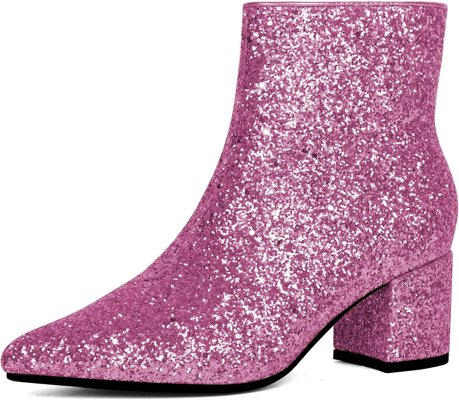 Elbslutt Women's White Pointed Toe Booties Chunky Block Heel Ankle Boots Side Zipper Short Boots