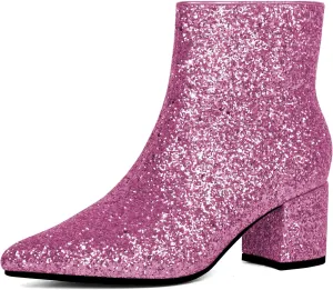 Elbslutt Women's White Pointed Toe Booties Chunky Block Heel Ankle Boots Side Zipper Short Boots