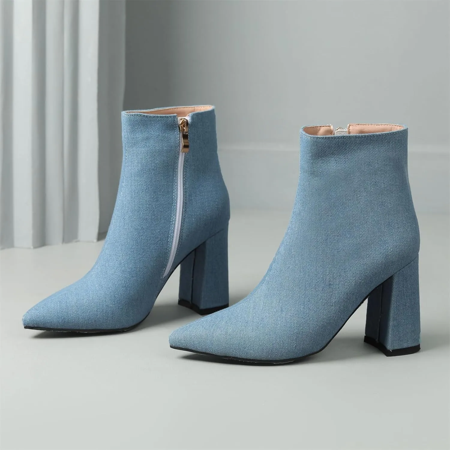 Elbslutt Women's White Pointed Toe Booties Chunky Block Heel Ankle Boots Side Zipper Short Boots