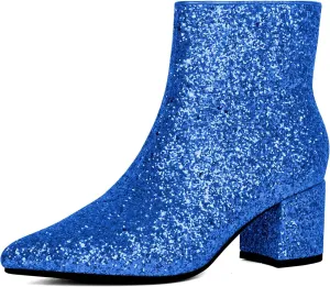 Elbslutt Women's White Pointed Toe Booties Chunky Block Heel Ankle Boots Side Zipper Short Boots