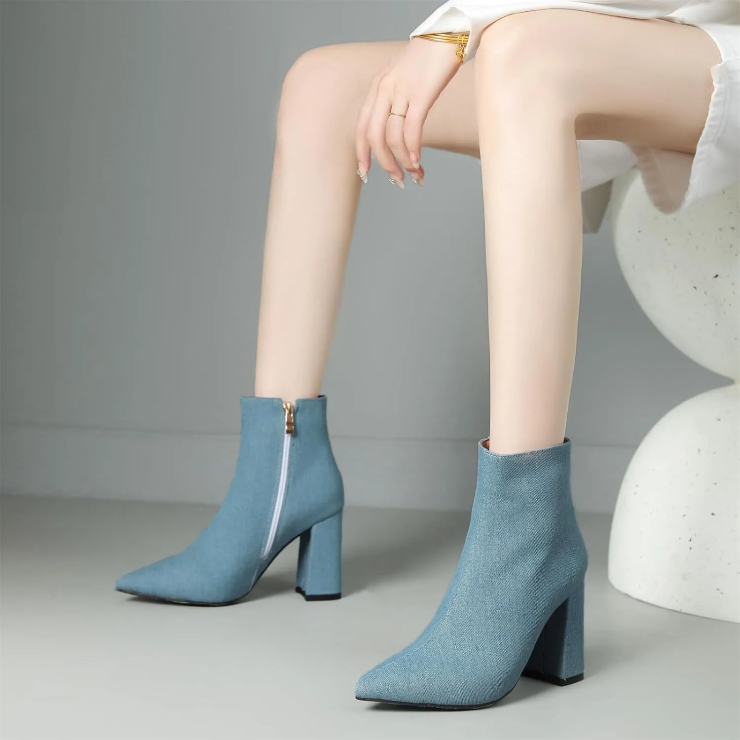 Elbslutt Women's White Pointed Toe Booties Chunky Block Heel Ankle Boots Side Zipper Short Boots