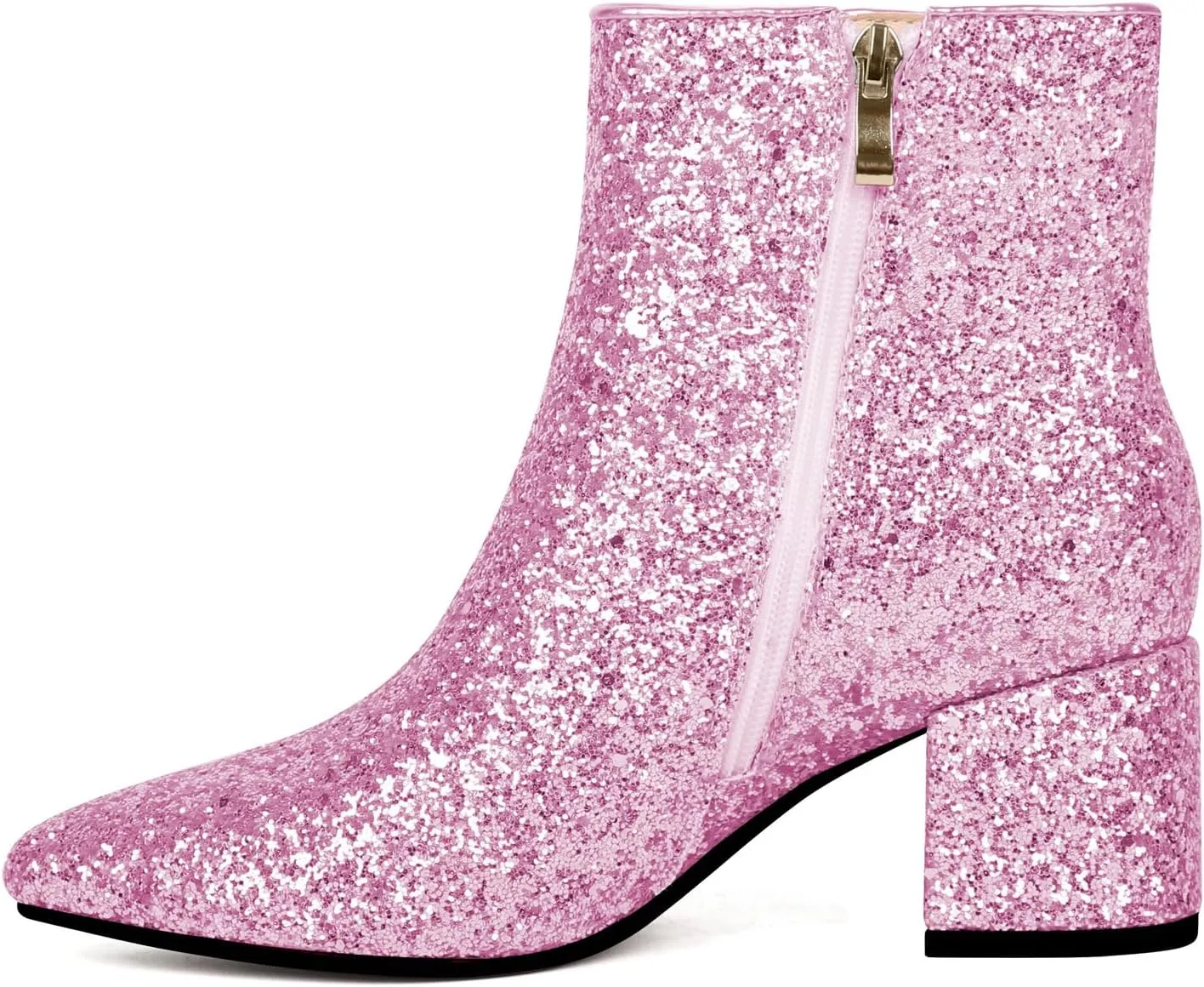 Elbslutt Women's White Pointed Toe Booties Chunky Block Heel Ankle Boots Side Zipper Short Boots