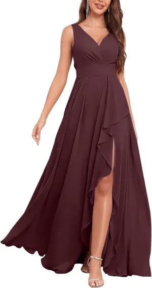 Elegant Chiffon Deep V-Neck Slit Dress - Flowy Layered Ruffled Maxi Gown, Slim-Fit High-Lash Asymmetrical Hem