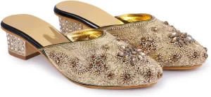 Elegant Handmade Women’s Embroidered Heels – Traditional Indian Ethnic Bridal Sandals with Beaded Zari Work, Comfortable Slip-On Block Heels for Wedding, Party & Festive Wear