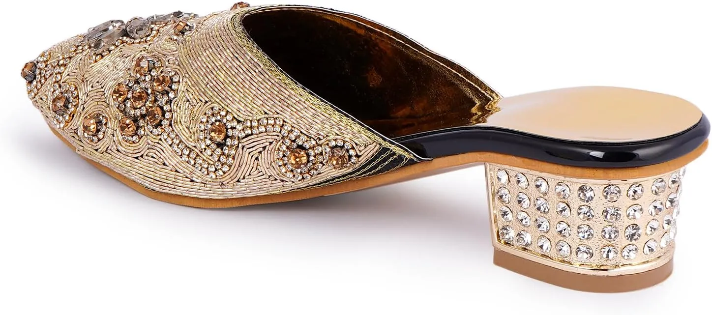 Elegant Handmade Women’s Embroidered Heels – Traditional Indian Ethnic Bridal Sandals with Beaded Zari Work, Comfortable Slip-On Block Heels for Wedding, Party & Festive Wear