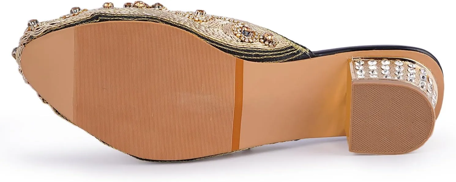 Elegant Handmade Women’s Embroidered Heels – Traditional Indian Ethnic Bridal Sandals with Beaded Zari Work, Comfortable Slip-On Block Heels for Wedding, Party & Festive Wear