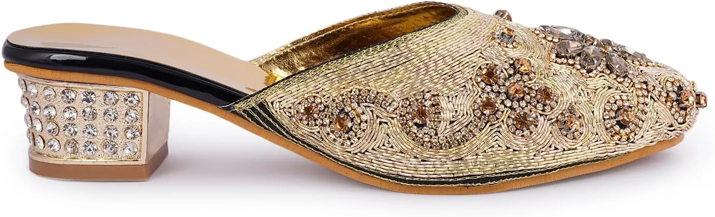Elegant Handmade Women’s Embroidered Heels – Traditional Indian Ethnic Bridal Sandals with Beaded Zari Work, Comfortable Slip-On Block Heels for Wedding, Party & Festive Wear