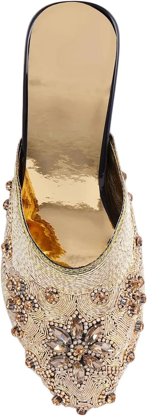 Elegant Handmade Women’s Embroidered Heels – Traditional Indian Ethnic Bridal Sandals with Beaded Zari Work, Comfortable Slip-On Block Heels for Wedding, Party & Festive Wear