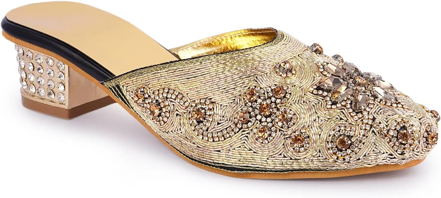 Elegant Handmade Women’s Embroidered Heels – Traditional Indian Ethnic Bridal Sandals with Beaded Zari Work, Comfortable Slip-On Block Heels for Wedding, Party & Festive Wear
