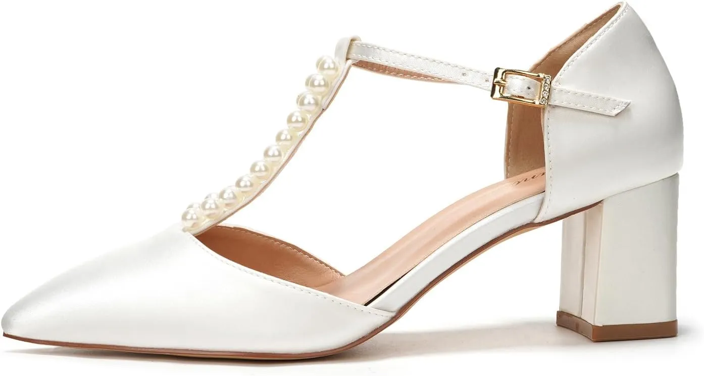 Elivandon J1587 Women's Satin Pointed Toe Mid-Heel Evening Sandals 2.36 inches Block Heel Bridal Party Wedding Pumps with Double Pearl T-Strap