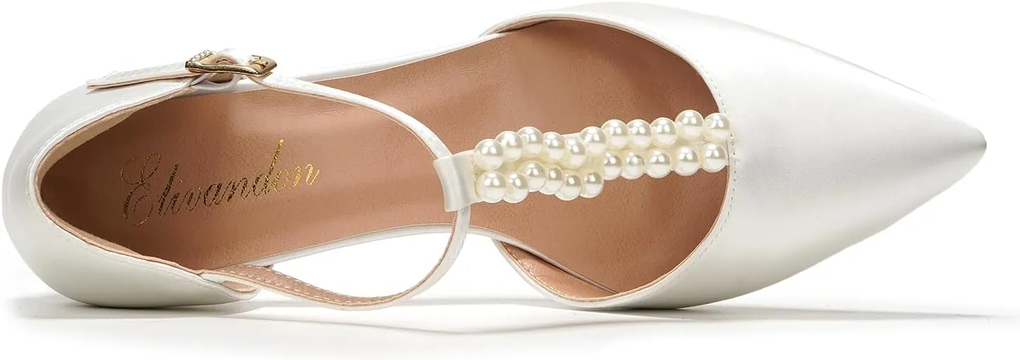 Elivandon J1587 Women's Satin Pointed Toe Mid-Heel Evening Sandals 2.36 inches Block Heel Bridal Party Wedding Pumps with Double Pearl T-Strap