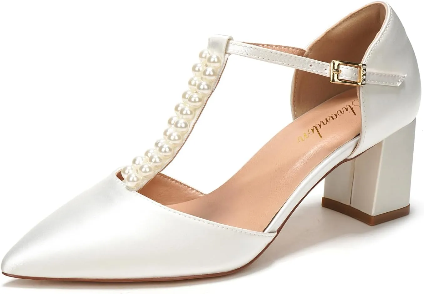 Elivandon J1587 Women's Satin Pointed Toe Mid-Heel Evening Sandals 2.36 inches Block Heel Bridal Party Wedding Pumps with Double Pearl T-Strap