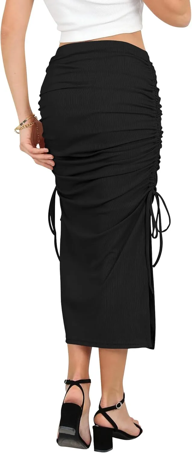 Ezcosplay Women High Waisted Ribbed Skirt Side Split Slit Ruched Drawstring Bodycon Maxi Skirts