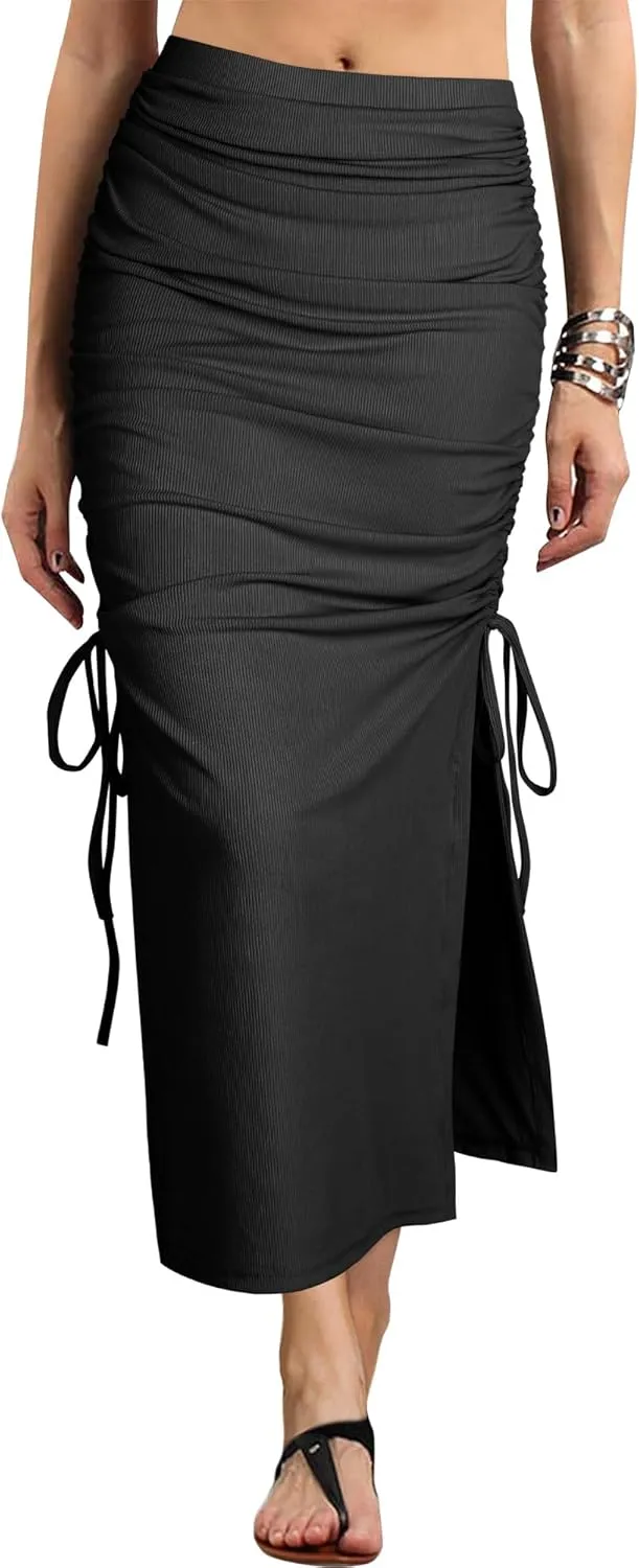 Ezcosplay Women High Waisted Ribbed Skirt Side Split Slit Ruched Drawstring Bodycon Maxi Skirts