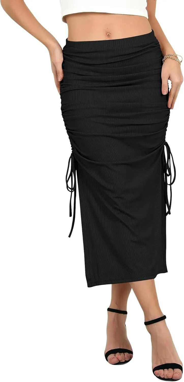 Ezcosplay Women High Waisted Ribbed Skirt Side Split Slit Ruched Drawstring Bodycon Maxi Skirts