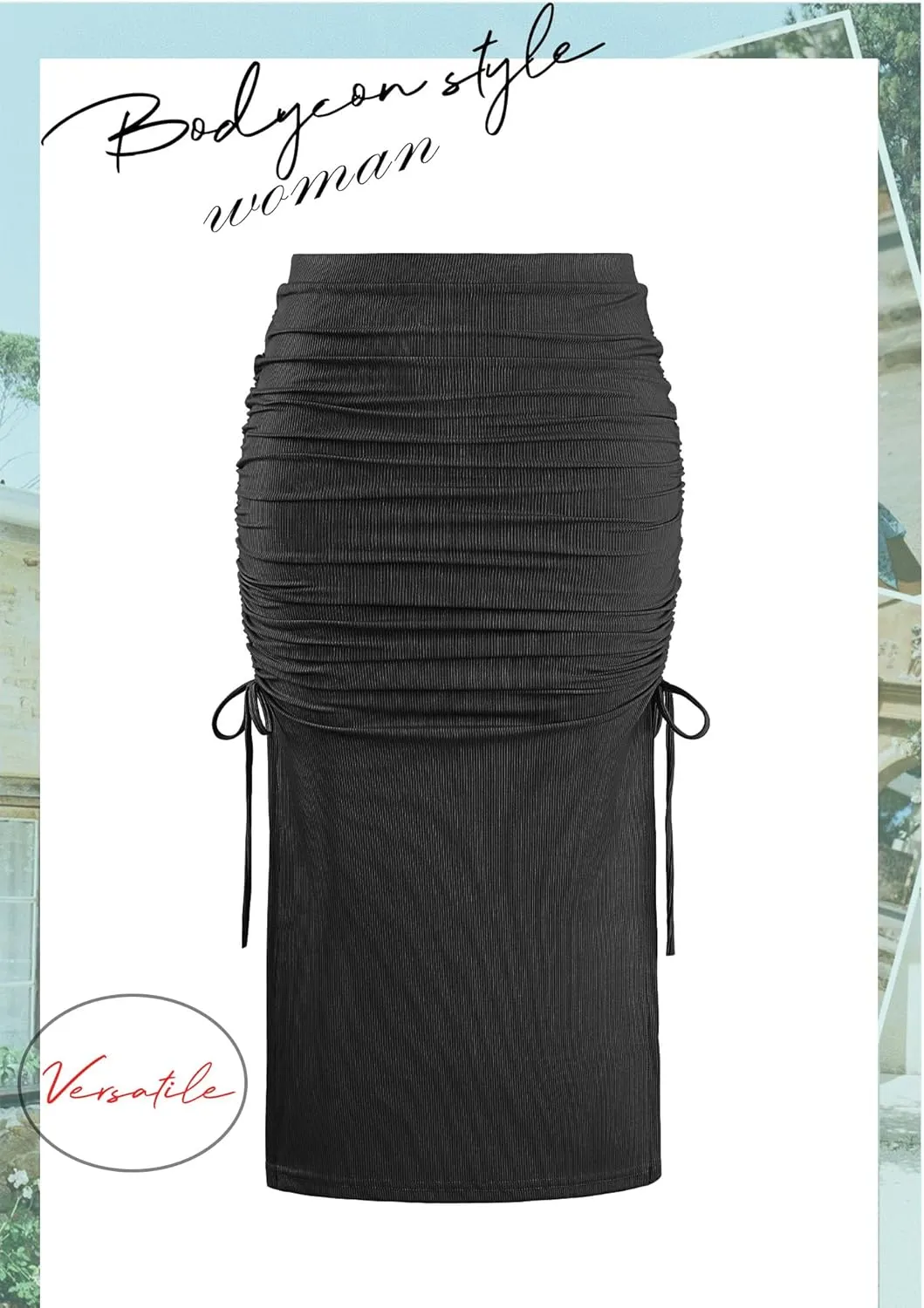 Ezcosplay Women High Waisted Ribbed Skirt Side Split Slit Ruched Drawstring Bodycon Maxi Skirts