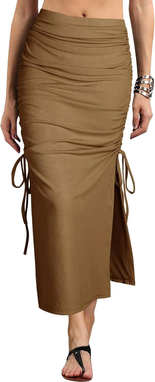 Ezcosplay Women High Waisted Ribbed Skirt Side Split Slit Ruched Drawstring Bodycon Maxi Skirts