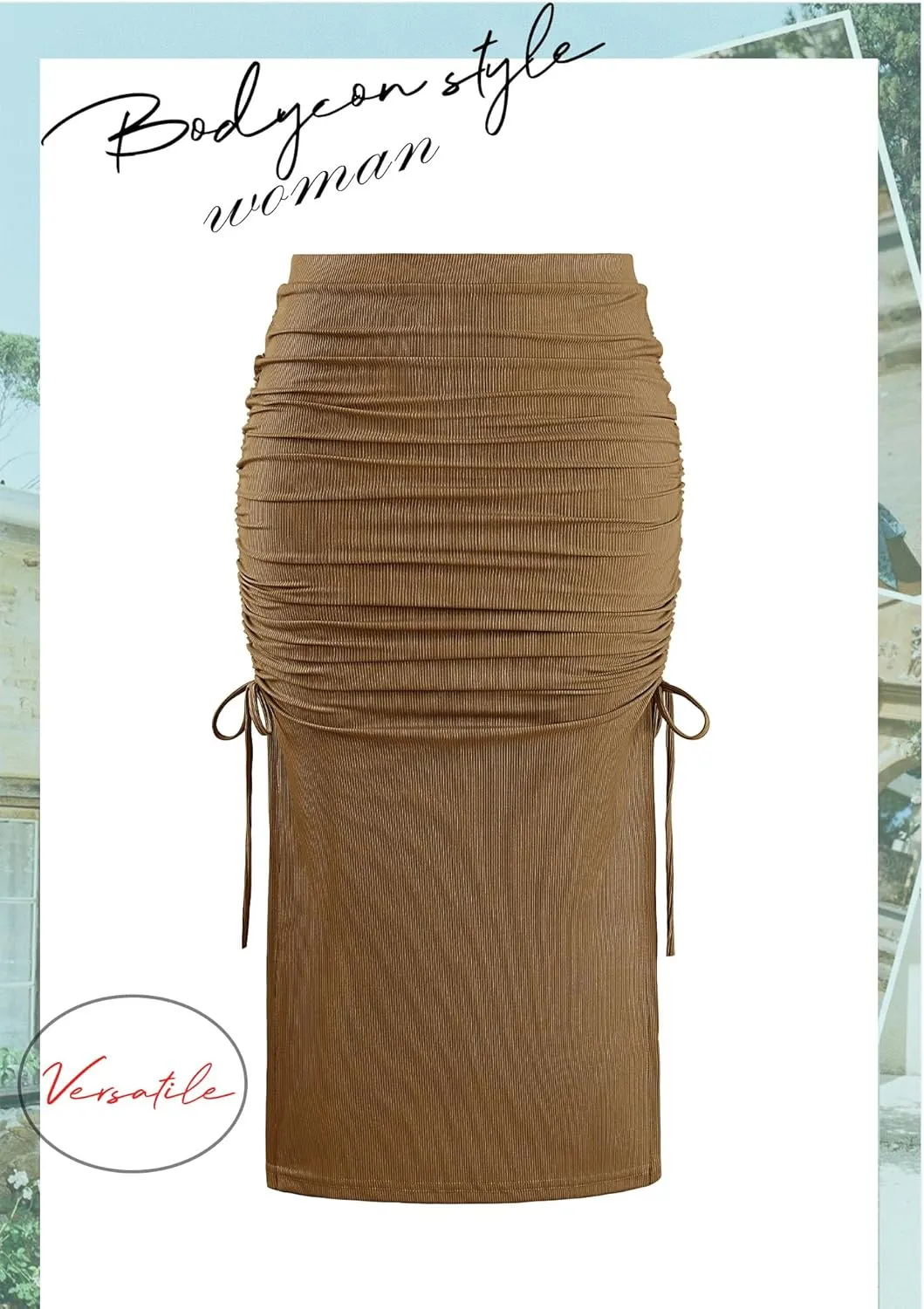 Ezcosplay Women High Waisted Ribbed Skirt Side Split Slit Ruched Drawstring Bodycon Maxi Skirts