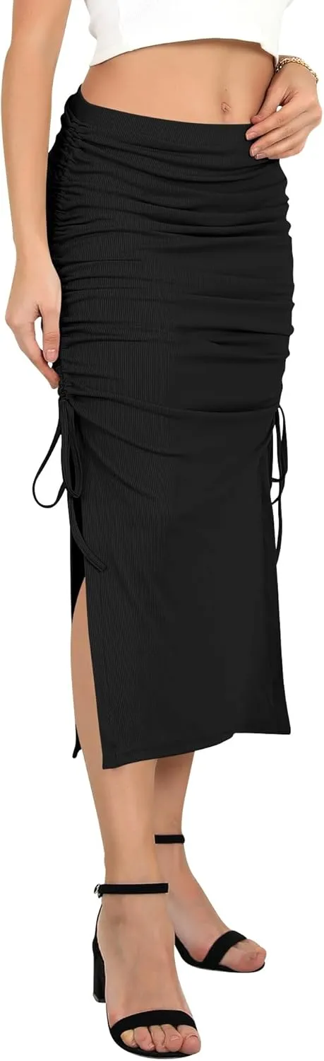 Ezcosplay Women High Waisted Ribbed Skirt Side Split Slit Ruched Drawstring Bodycon Maxi Skirts