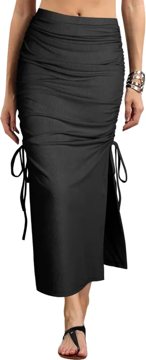Ezcosplay Women High Waisted Ribbed Skirt Side Split Slit Ruched Drawstring Bodycon Maxi Skirts