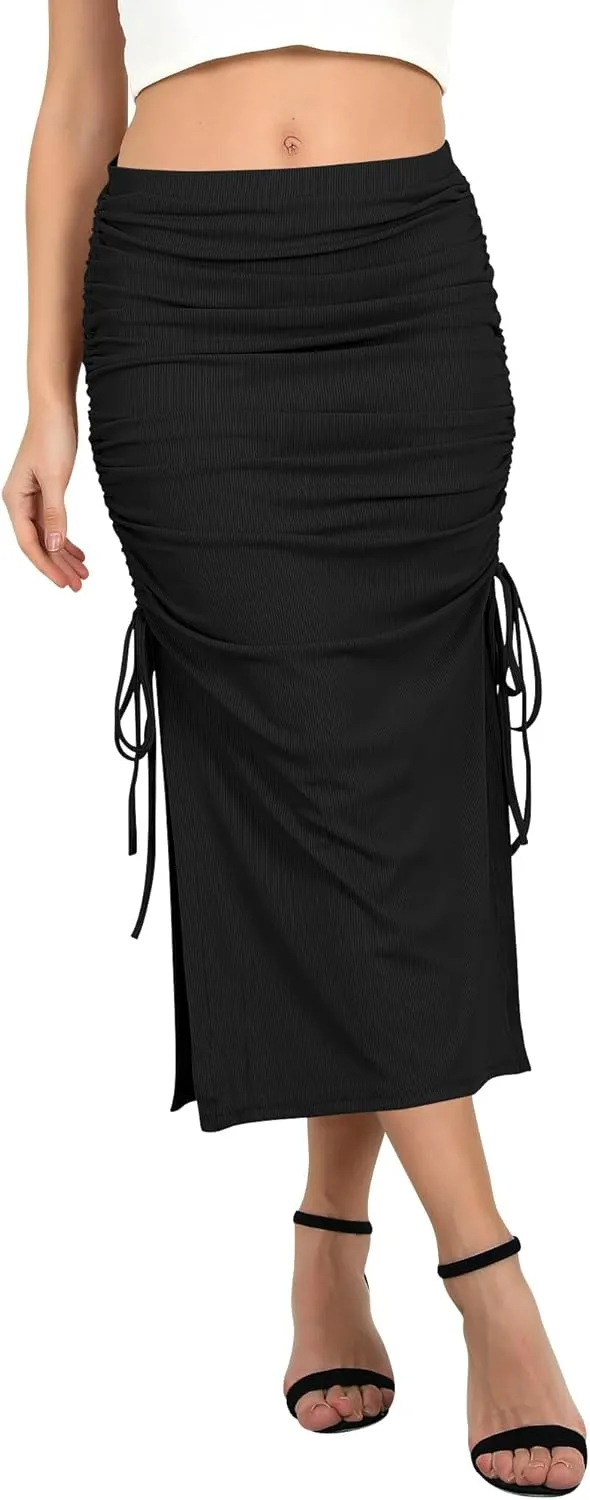 Ezcosplay Women High Waisted Ribbed Skirt Side Split Slit Ruched Drawstring Bodycon Maxi Skirts