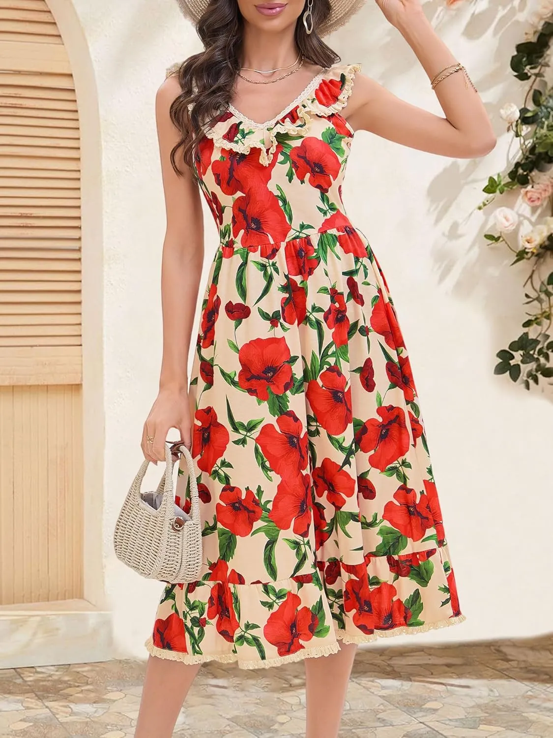 FENSACE Women's Summer Ruffle Lace Trim V Neck Sleeveless A Line Midi Sun Dress