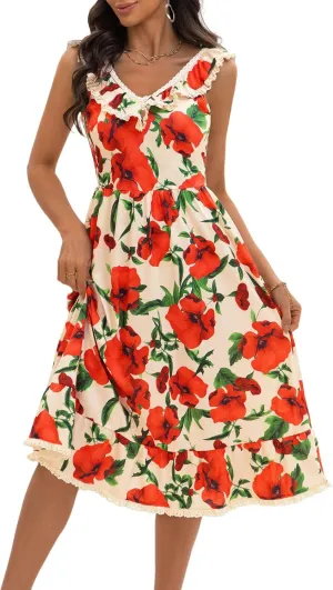 FENSACE Women's Summer Ruffle Lace Trim V Neck Sleeveless A Line Midi Sun Dress