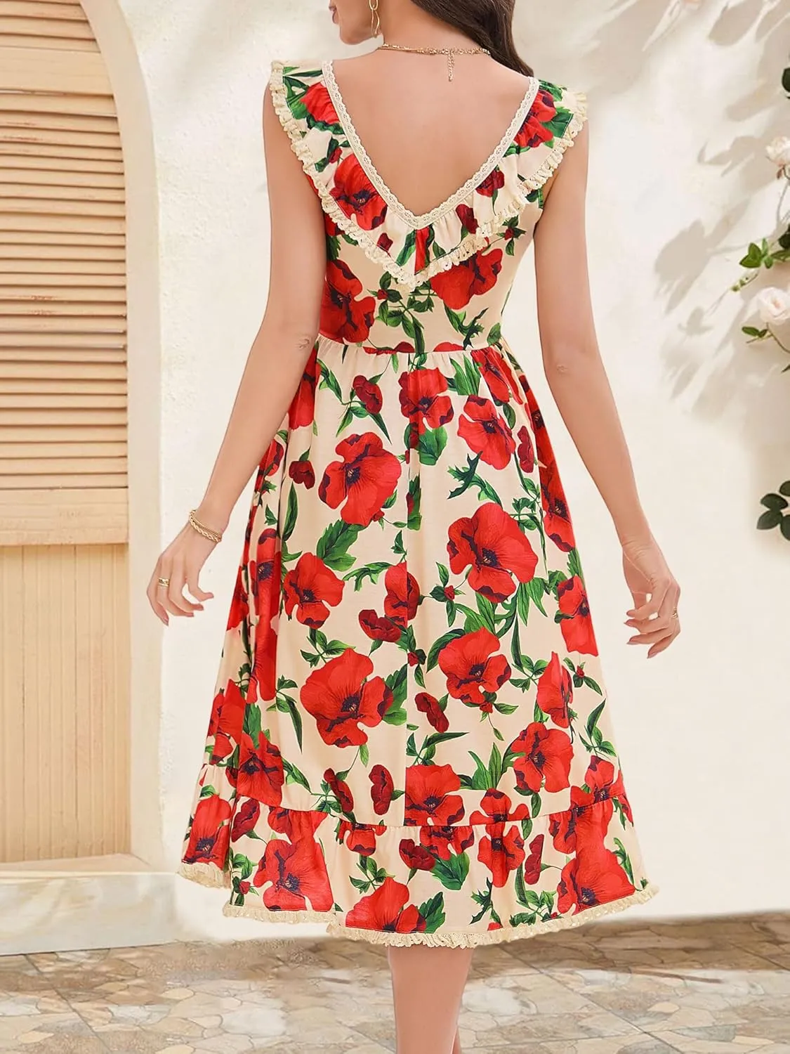 FENSACE Women's Summer Ruffle Lace Trim V Neck Sleeveless A Line Midi Sun Dress