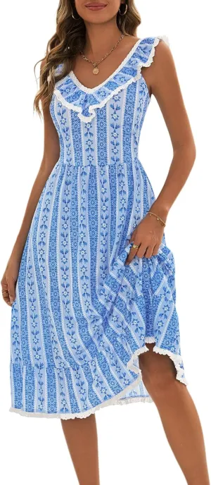 FENSACE Women's Summer Ruffle Lace Trim V Neck Sleeveless A Line Midi Sun Dress