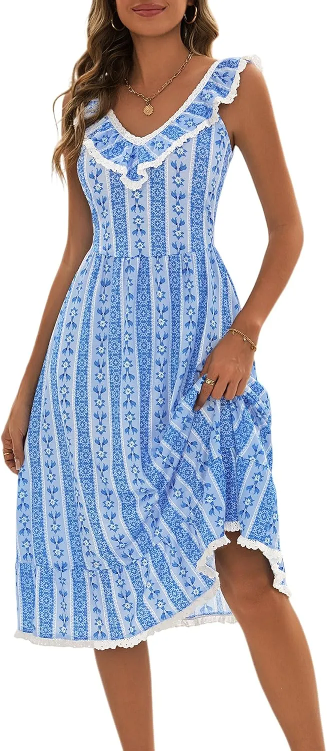 FENSACE Women's Summer Ruffle Lace Trim V Neck Sleeveless A Line Midi Sun Dress
