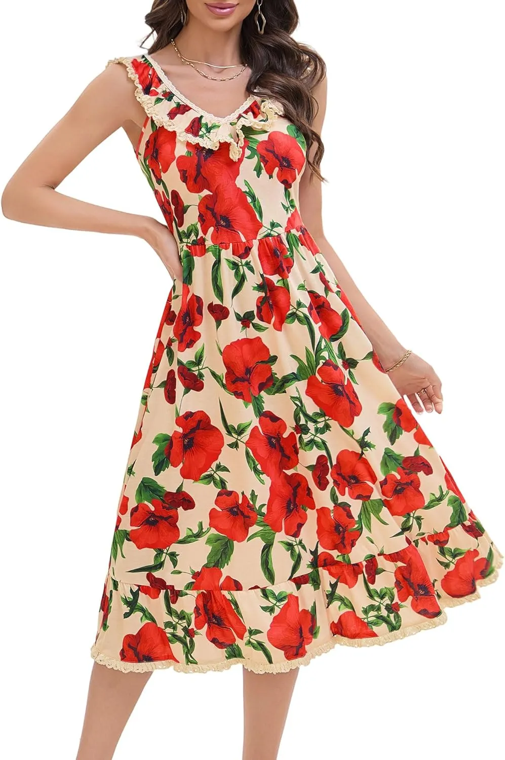 FENSACE Women's Summer Ruffle Lace Trim V Neck Sleeveless A Line Midi Sun Dress