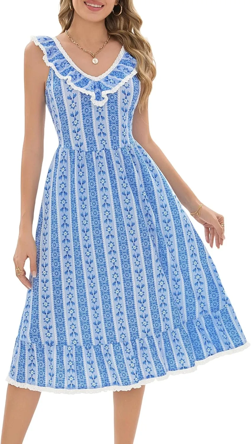 FENSACE Women's Summer Ruffle Lace Trim V Neck Sleeveless A Line Midi Sun Dress
