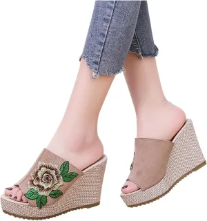 FFZSQ Ladies Wedges Slides Elegant Embroidery Flowers Plateau Sandals 10Cm High Heels Fish Mouth Slippers