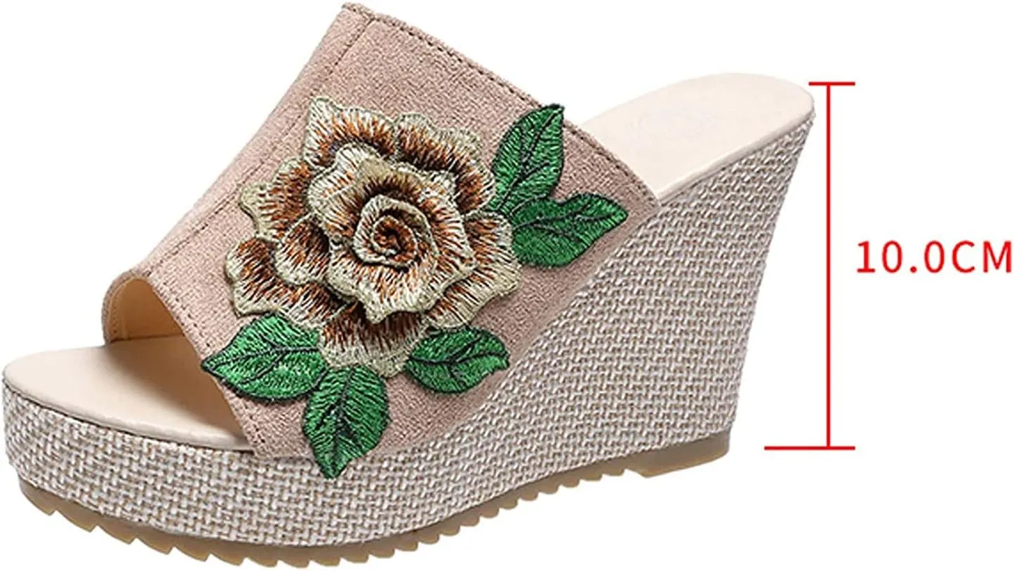 FFZSQ Ladies Wedges Slides Elegant Embroidery Flowers Plateau Sandals 10Cm High Heels Fish Mouth Slippers