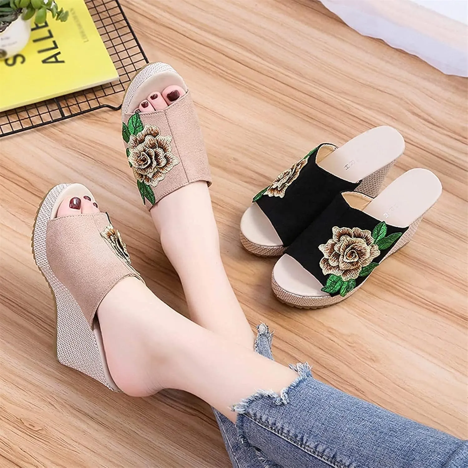 FFZSQ Ladies Wedges Slides Elegant Embroidery Flowers Plateau Sandals 10Cm High Heels Fish Mouth Slippers