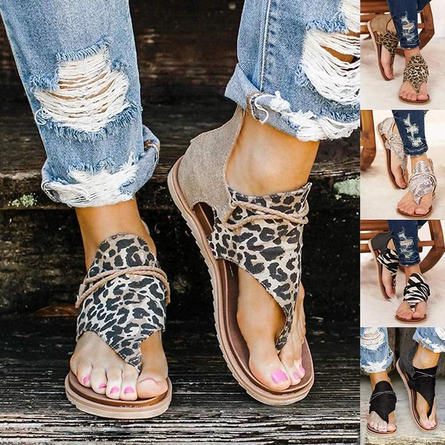 Flip Flop Sandals for Women's Retro Flat Gladiator Sandals Leopard Zip Flip-Flop Sandals Comfy Flat PU Leather Peep Toe Strap Rope Cross Flip Flop Shoes for Travel Beach Holiday,03,39